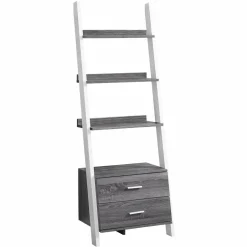 Bookshelf, Bookcase, Etagere, Ladder, 4 Tier, 69"H, Office, Bedroom, Grey And White Laminate, Contemporary, Modern
