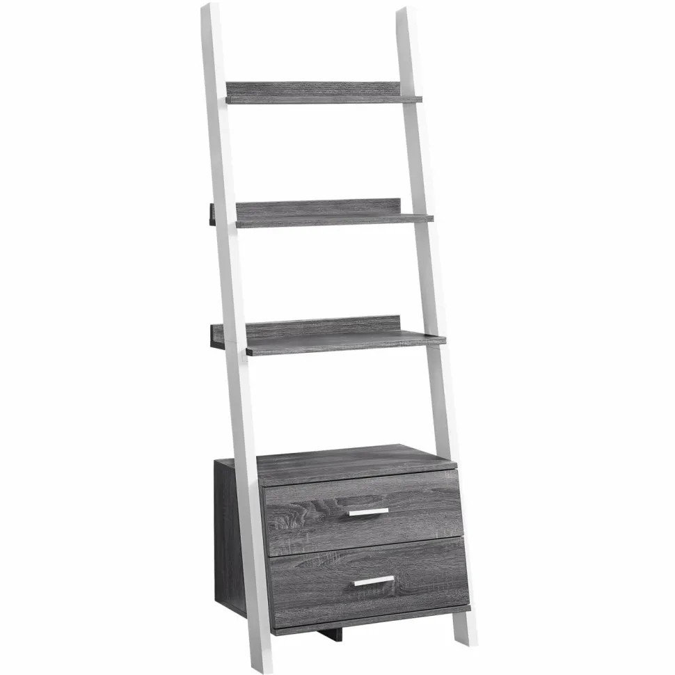 Bookshelf, Bookcase, Etagere, Ladder, 4 Tier, 69"H, Office, Bedroom, Grey And White Laminate, Contemporary, Modern