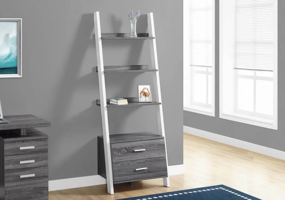 Bookshelf, Bookcase, Etagere, Ladder, 4 Tier, 69"H, Office, Bedroom, Grey And White Laminate, Contemporary, Modern