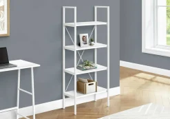 Bookshelf, Bookcase, 4 Tier, 48"H, Office, Bedroom, White Laminate, White Metal, Contemporary, Modern