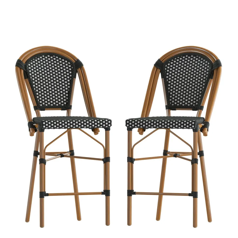 Bordeaux Set of 2 Stackable Indoor/Outdoor French Bistro 26" High Counter Height Stools, Commercial Grade, Black/White and Bamboo Finish