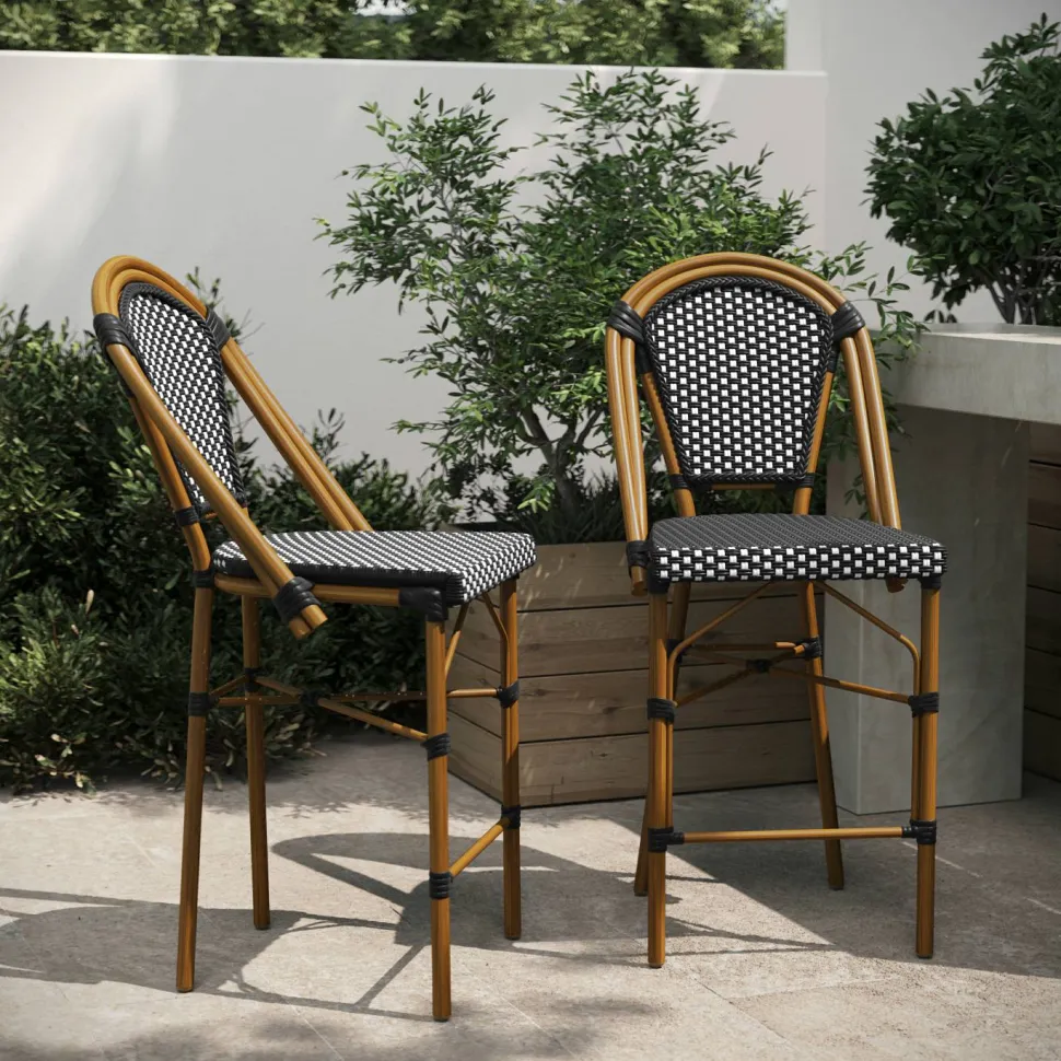 Bordeaux Set of 2 Stackable Indoor/Outdoor French Bistro 26" High Counter Height Stools, Commercial Grade, Black/White and Bamboo Finish