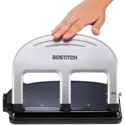 Bostitch EZ Squeeze Three-Hole Punch, 40 Sheet Capacity, Black/Silver