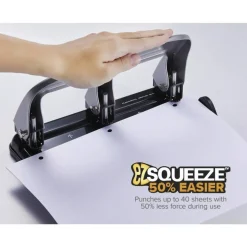 Bostitch EZ Squeeze Three-Hole Punch, 40 Sheet Capacity, Black/Silver