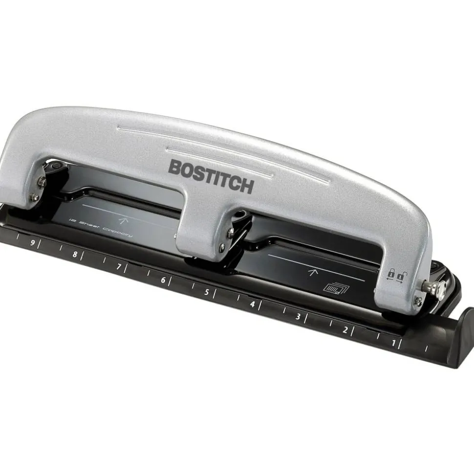 Bostitch EZ Squeeze Three-Hole Punch, 12 Sheet Capacity, Black/Silver
