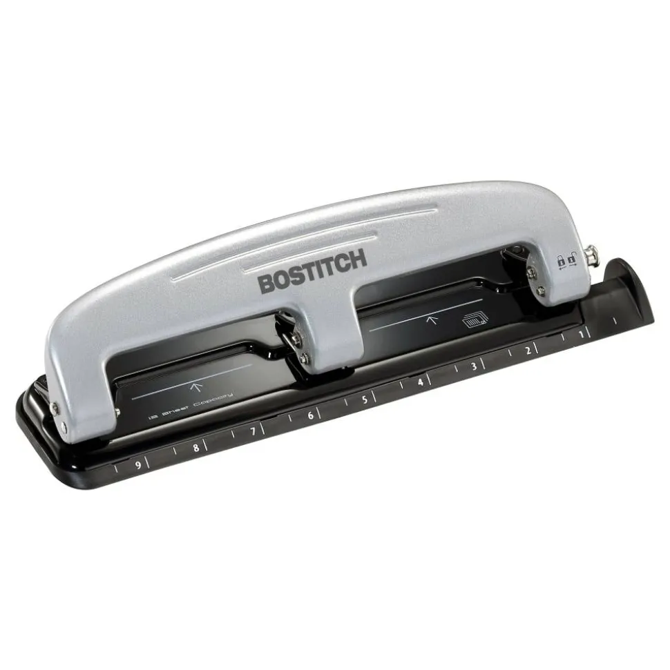 Bostitch EZ Squeeze Three-Hole Punch, 12 Sheet Capacity, Black/Silver