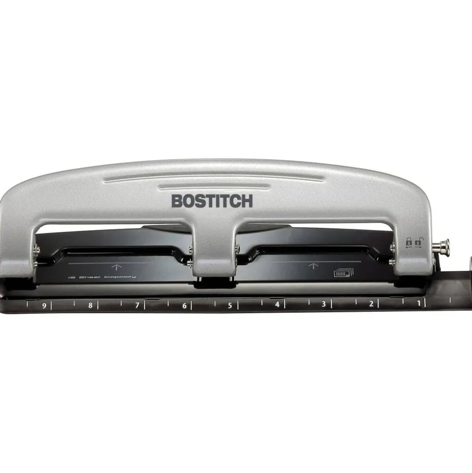 Bostitch EZ Squeeze Three-Hole Punch, 12 Sheet Capacity, Black/Silver