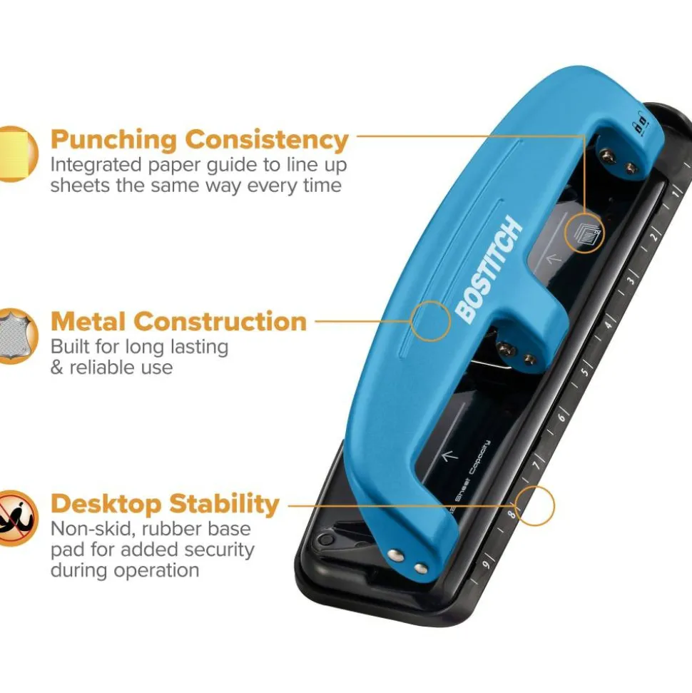 Bostitch EZ Squeeze Three-Hole Punch, 12 Sheet Capacity, Blue