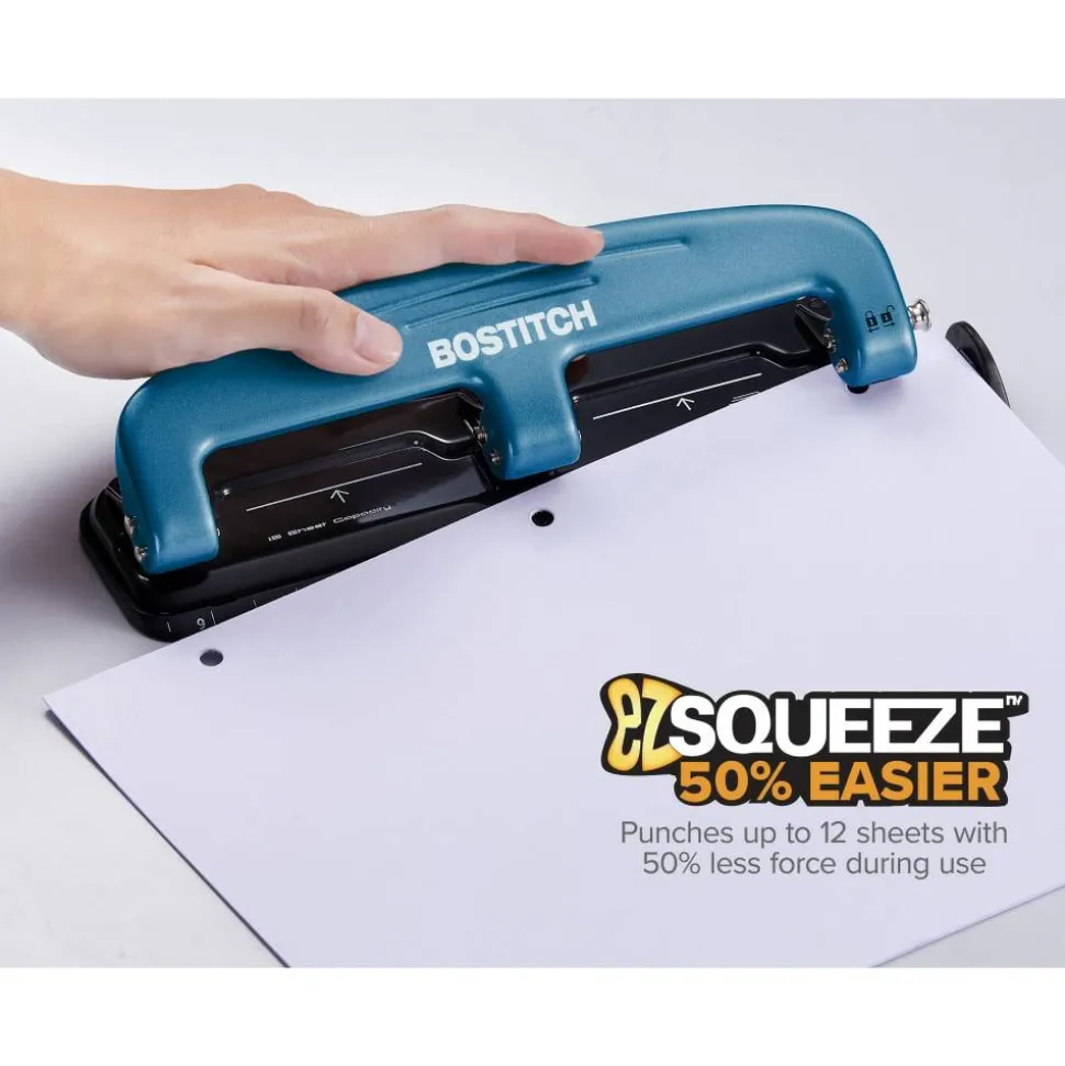 Bostitch EZ Squeeze Three-Hole Punch, 12 Sheet Capacity, Blue