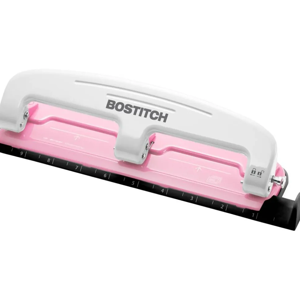 Bostitch EZ Squeeze Three-Hole Punch, InCourage, 12 Sheet Capacity, Pink/White