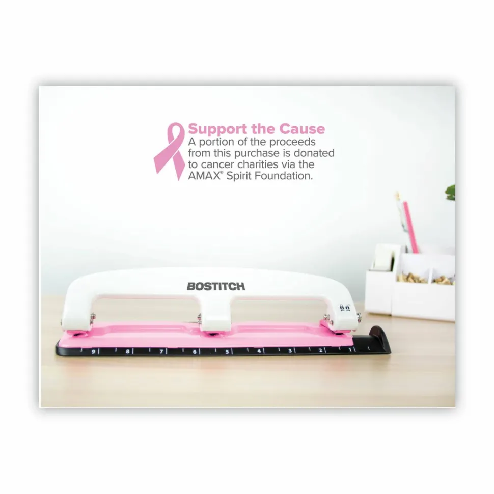 Bostitch EZ Squeeze Three-Hole Punch, InCourage, 12 Sheet Capacity, Pink/White