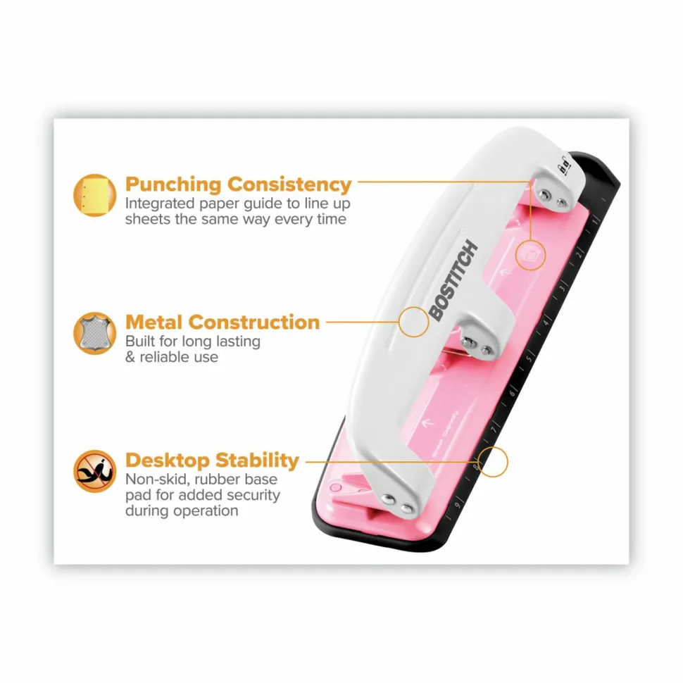 Bostitch EZ Squeeze Three-Hole Punch, InCourage, 12 Sheet Capacity, Pink/White