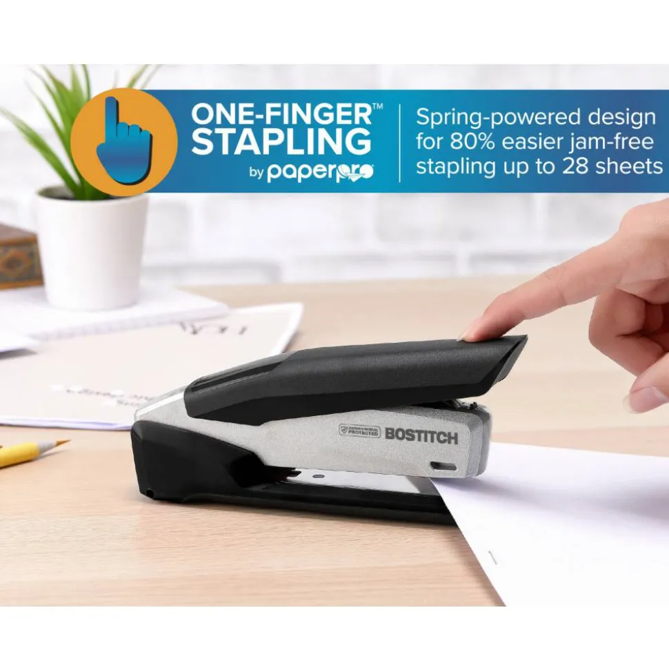 Bostitch inPOWER+28 Executive One-Finger 3-in-1 Eco-Friendly Desktop Stapler, 28-Sheet Capacity, Black/Silver
