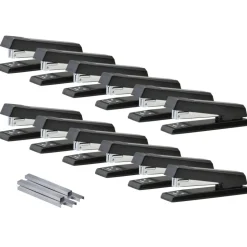 Bostitch No-Jam Premium Desktop Stapler, Full-Strip, Black, Includes 1,250 Staples, Set Of 12 Staplers