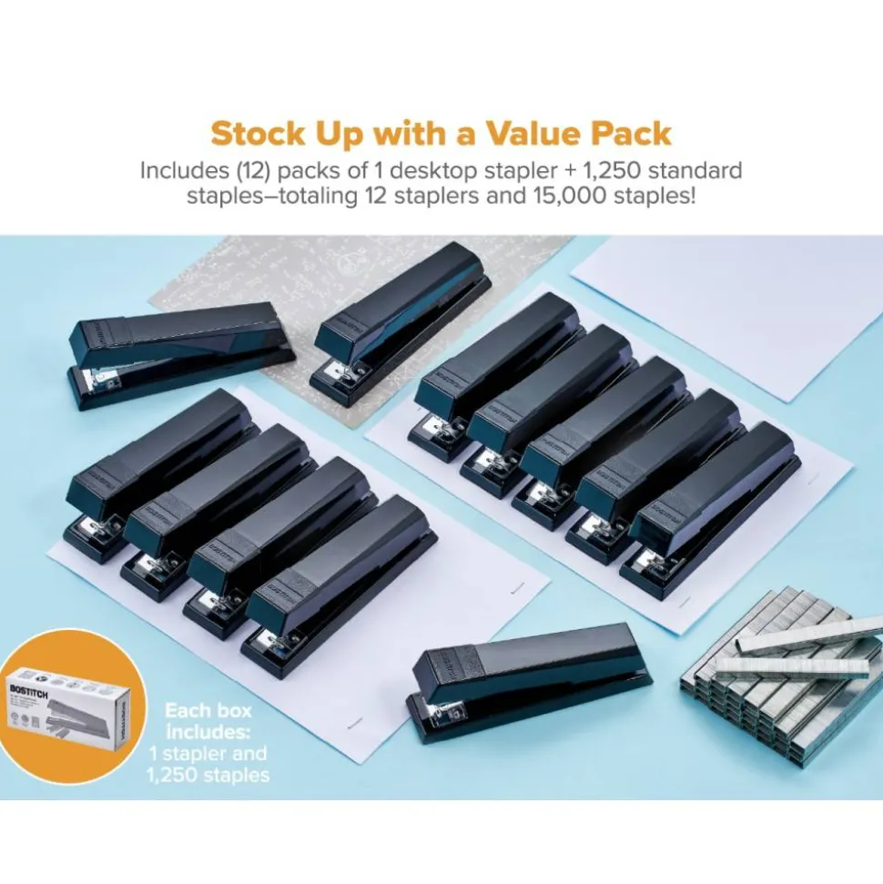 Bostitch No-Jam Premium Desktop Stapler, Full-Strip, Black, Includes 1,250 Staples, Set Of 12 Staplers