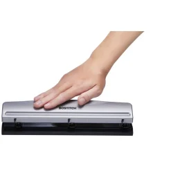 Bostitch Premium 3-Hole Punch, 12-Sheet Capacity, All-Metal, Rubber Base, Easy-Clean Tray, Silver/Black