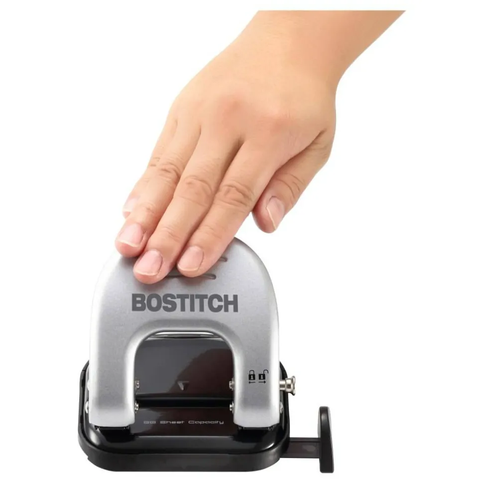 Bostitch 20-Sheet EZ Squeeze Two-Hole Punch, 9/32" Holes, Black/Silver