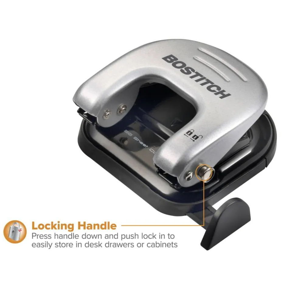 Bostitch 20-Sheet EZ Squeeze Two-Hole Punch, 9/32" Holes, Black/Silver