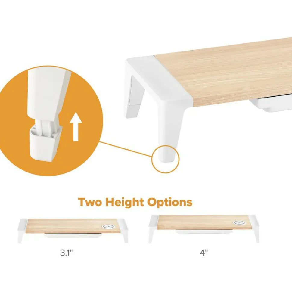 Bostitch Wooden Monitor Stand with Wireless Charging Pad, 9.8" x 26.77" x 4.13", White
