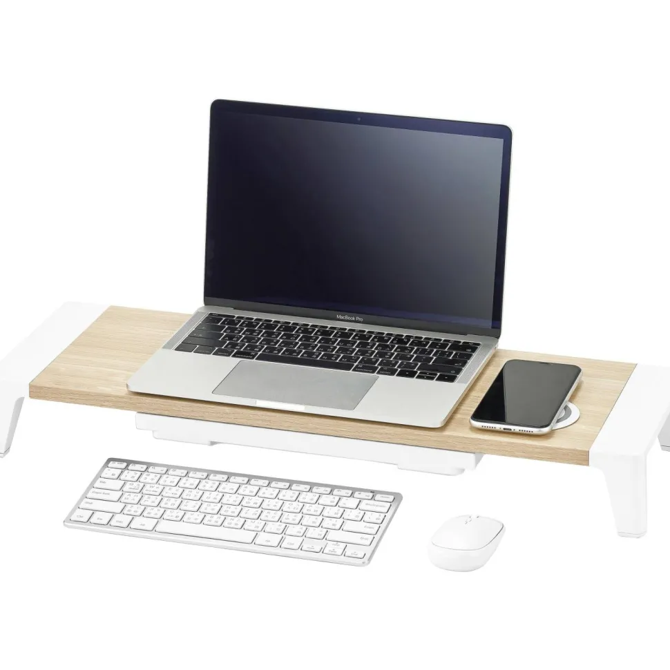 Bostitch Wooden Monitor Stand with Wireless Charging Pad, 9.8" x 26.77" x 4.13", White
