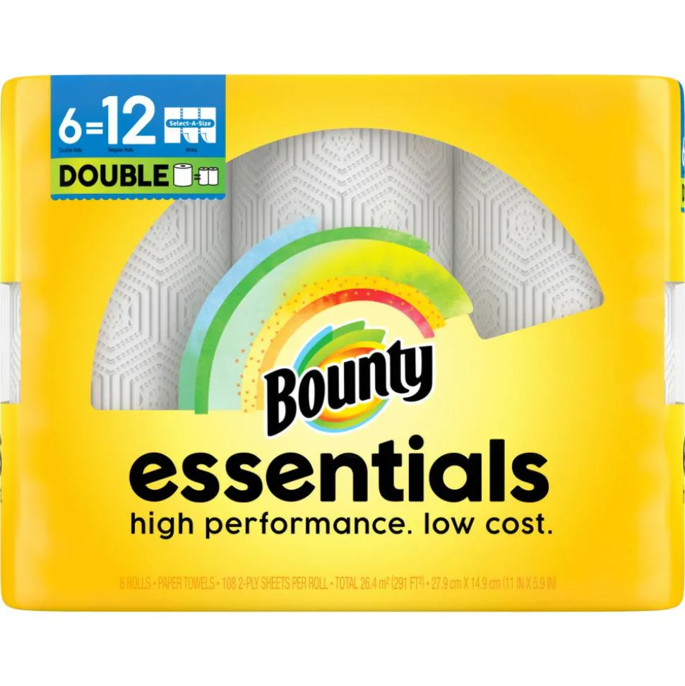 Bounty Essentials Select-A-Size Paper Towels, 6 Double Rolls Total/108 Sheets Per Roll, White