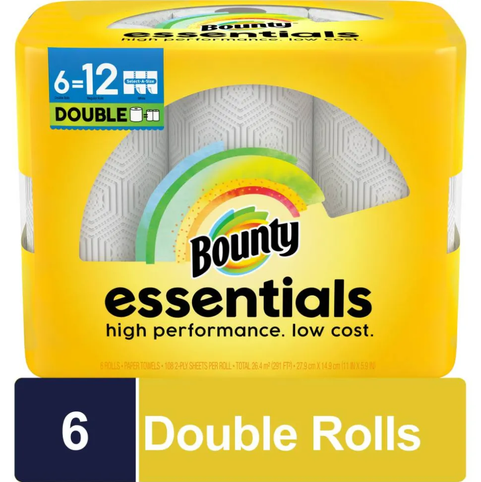 Bounty Essentials Select-A-Size Paper Towels, 6 Double Rolls Total/108 Sheets Per Roll, White