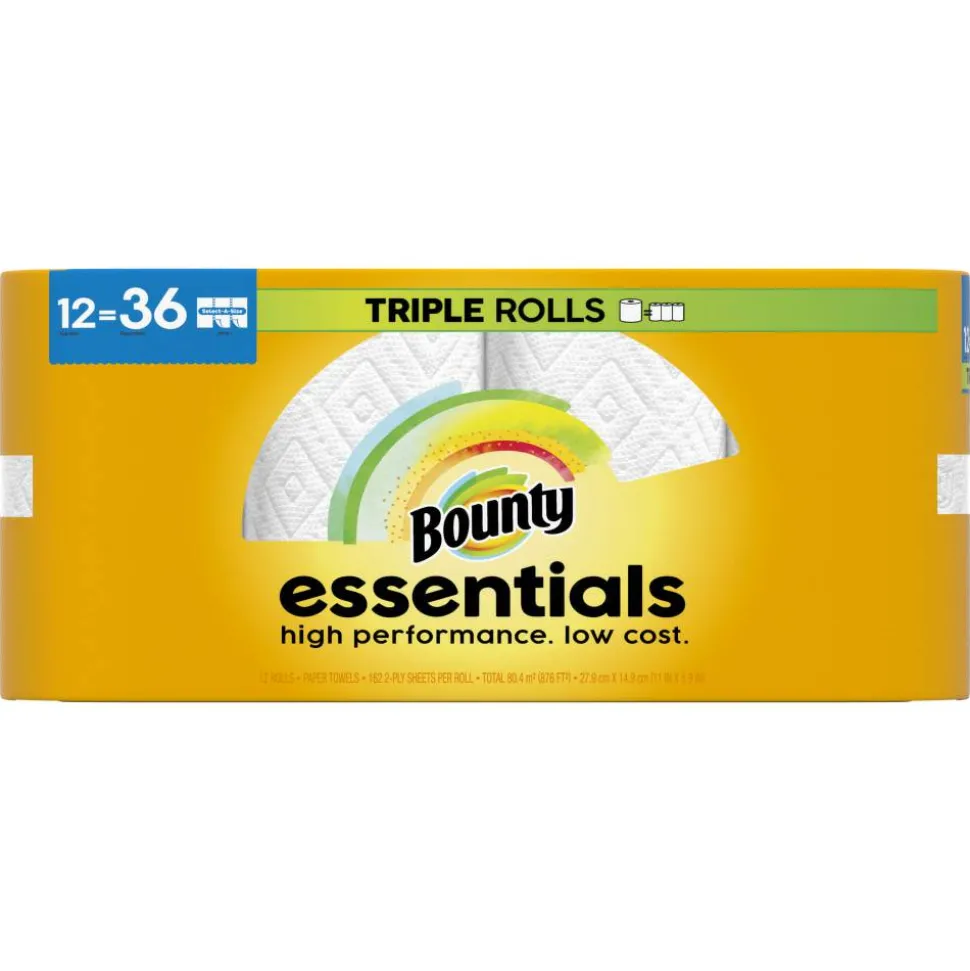 Bounty Paper Towels Essentials 2-Ply Select-A-Size Triple Rolls, 12 Rolls Total/162 Sheets Per Roll, White