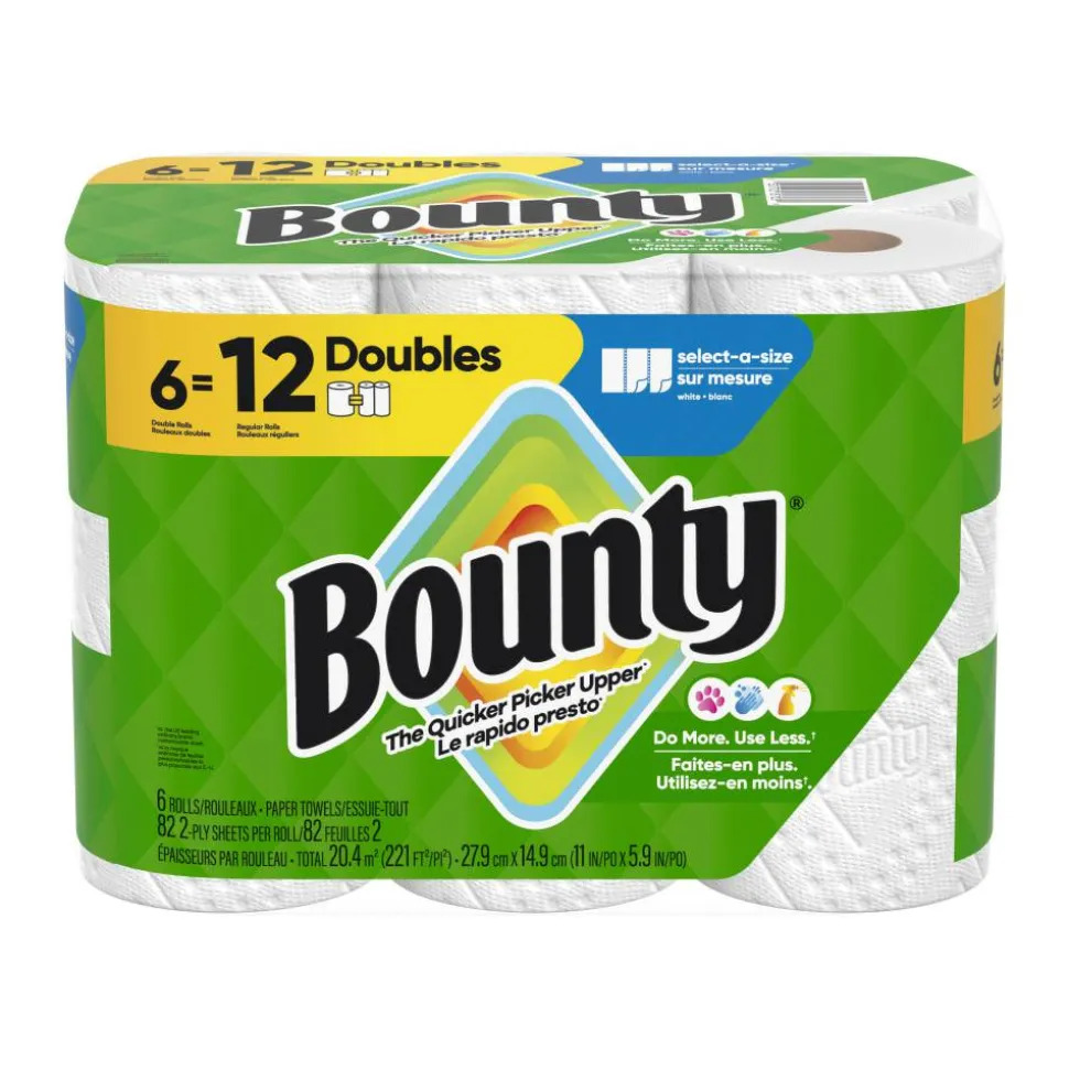 Bounty 2-Ply Paper Towels Select-A-Size Double Rolls, 6 Rolls Total/82 Sheets Per Roll, White