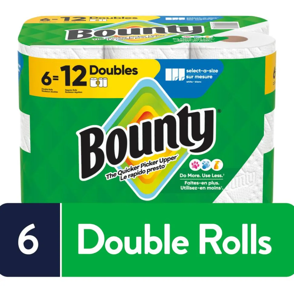 Bounty 2-Ply Paper Towels Select-A-Size Double Rolls, 6 Rolls Total/82 Sheets Per Roll, White