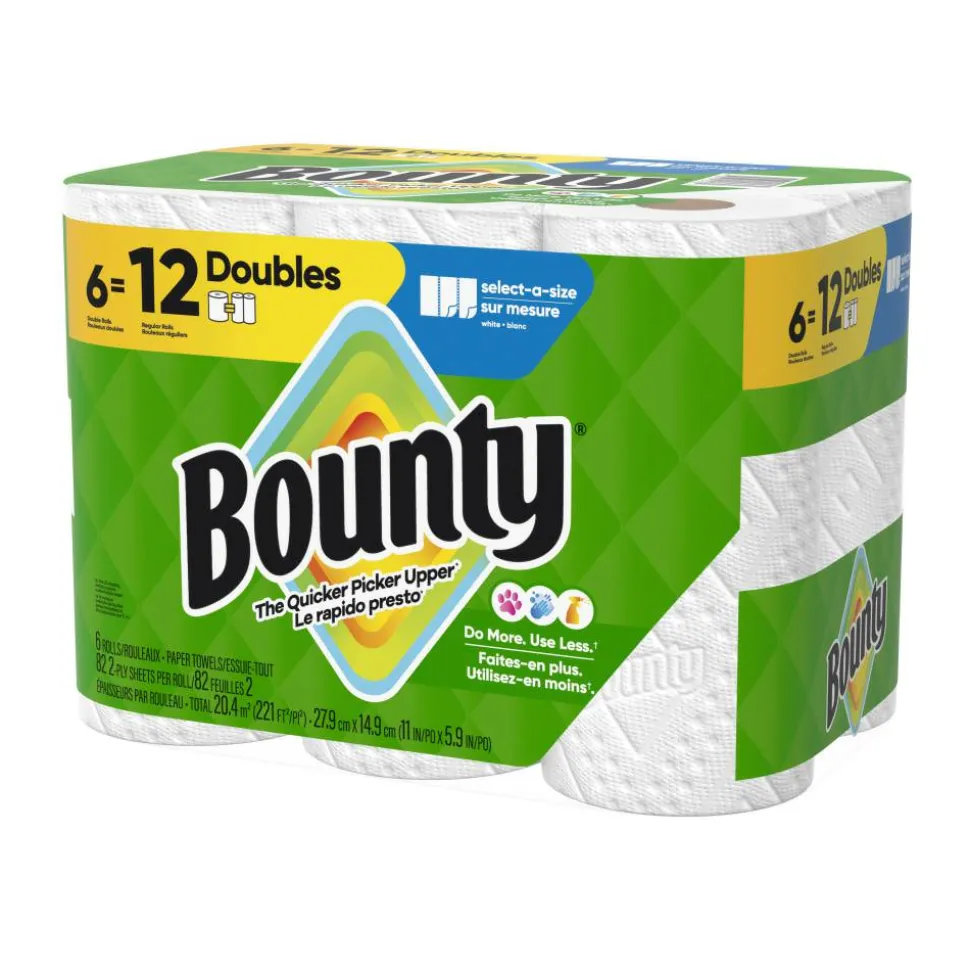 Bounty 2-Ply Paper Towels Select-A-Size Double Rolls, 6 Rolls Total/82 Sheets Per Roll, White