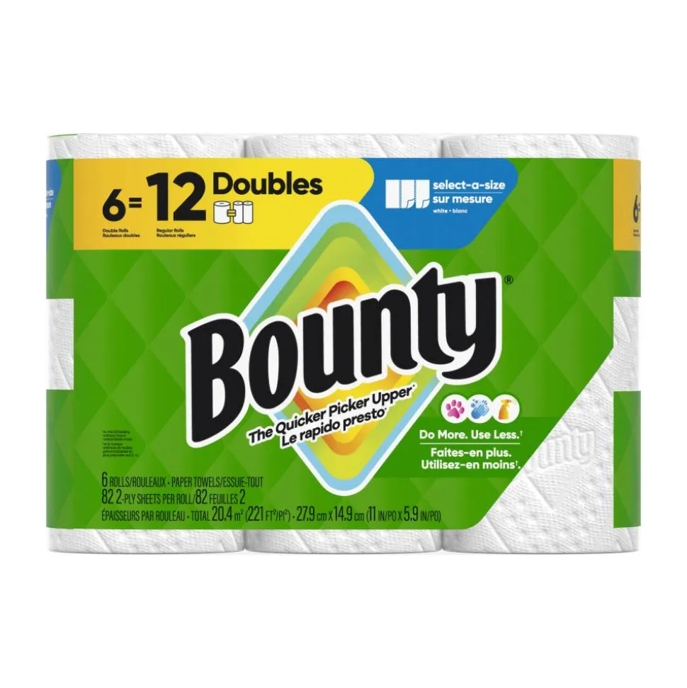 Bounty 2-Ply Paper Towels Select-A-Size Double Rolls, 6 Rolls Total/82 Sheets Per Roll, White
