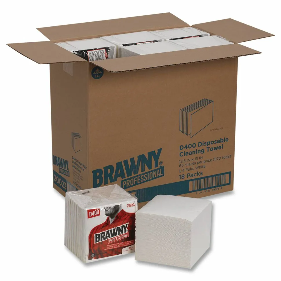 Brawny Professional Medium Duty Premium DRC 1/4 Fold Wipers, 1-Ply, 13 x 12.5, Unscented, White, 65/Pack