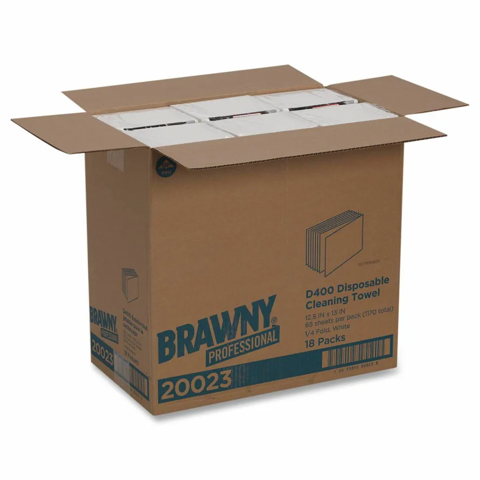 Brawny Professional Medium Duty Premium DRC 1/4 Fold Wipers, 1-Ply, 13 x 12.5, Unscented, White, 65/Pack