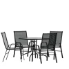 Brazos 5 Piece Outdoor Patio Dining Set - 31.5" Square Tempered Glass Patio Table, 4 Black Flex Comfort Stack Chairs