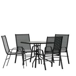 Brazos 5 Piece Outdoor Patio Dining Set - 31.5" Square Tempered Glass Patio Table, 4 Black Flex Comfort Stack Chairs