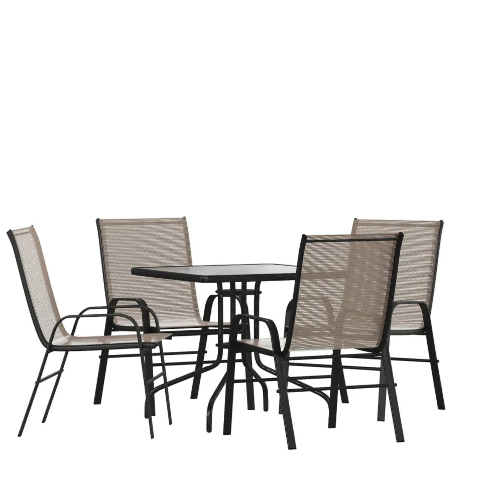 Brazos 5 Piece Outdoor Patio Dining Set - 31.5" Square Tempered Glass Patio Table, 4 Brown Flex Comfort Stack Chairs