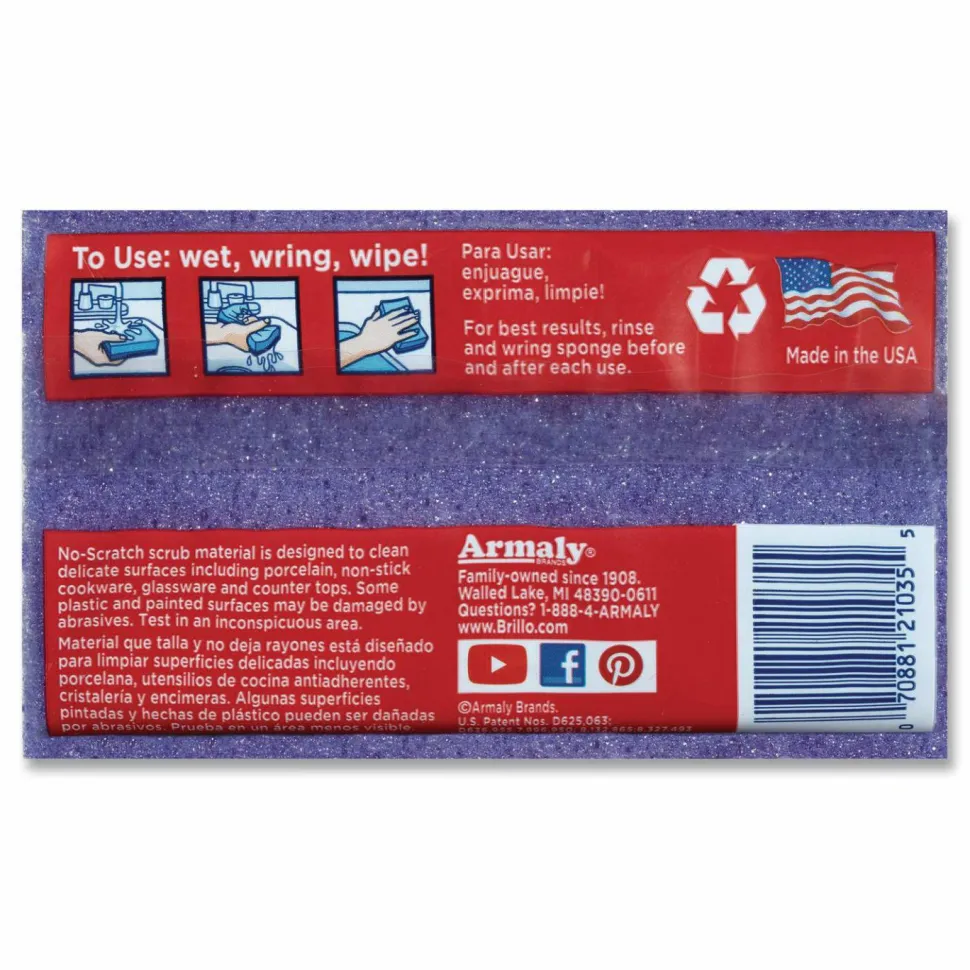 Brillo Estracell Scrub Sponge Variety Pack, 1 Bath, 2 Kitchen, 4.5 x 2.75, 1.12" Thick, Blue/Purple/White, 3/Pack, 8 Packs/Carton