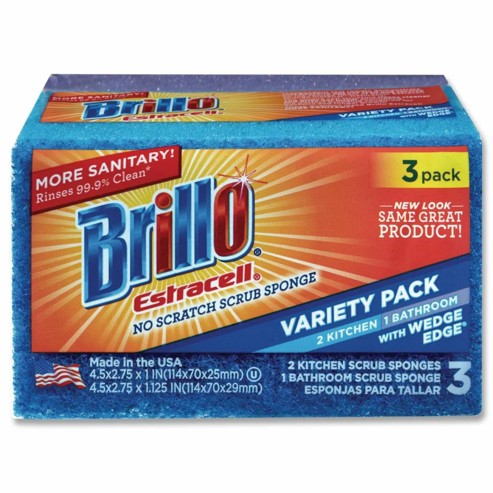 Brillo Estracell Scrub Sponge Variety Pack, 1 Bath, 2 Kitchen, 4.5 x 2.75, 1.12" Thick, Blue/Purple/White, 3/Pack, 8 Packs/Carton