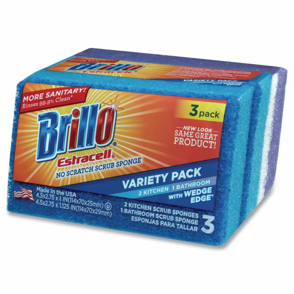 Brillo Estracell Scrub Sponge Variety Pack, 1 Bath, 2 Kitchen, 4.5 x 2.75, 1.12" Thick, Blue/Purple/White, 3/Pack, 8 Packs/Carton