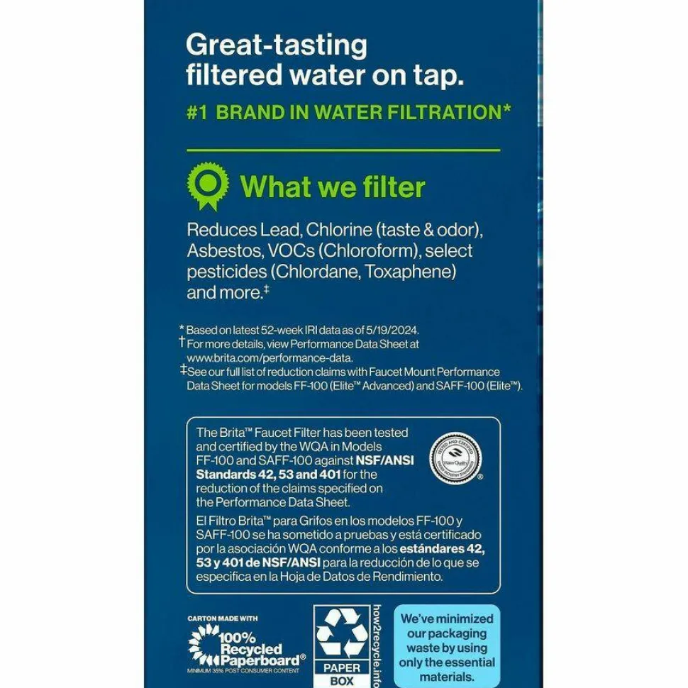Brita On Tap Water Filtration System Replacement Filters For Faucets - 100 gal Filter Life - Blue, White - 1 Each