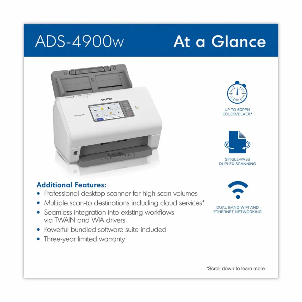 Brother ADS-4900W Professional Desktop Scanner, 600 dpi Optical Resolution, 100-Sheet Auto Document Feeder