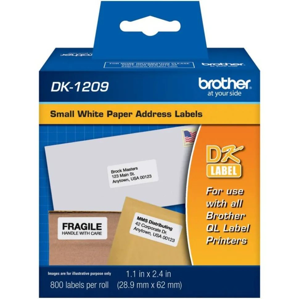 Brother DK-1209 Small Address Labels, White, 2 1/2" x 1 1/2", Roll Of 800
