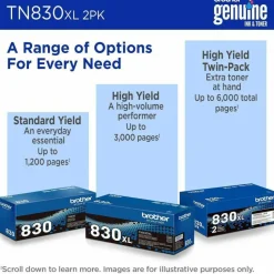 Brother Genuine TN830XL2PK Black High Yield Toner Cartridges, Pack Of 2