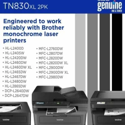 Brother Genuine TN830XL2PK Black High Yield Toner Cartridges, Pack Of 2