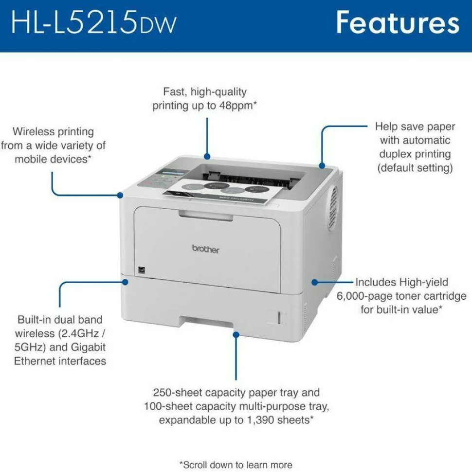 Brother HL-L5215DW Desktop Wireless Laser Printer - Monochrome