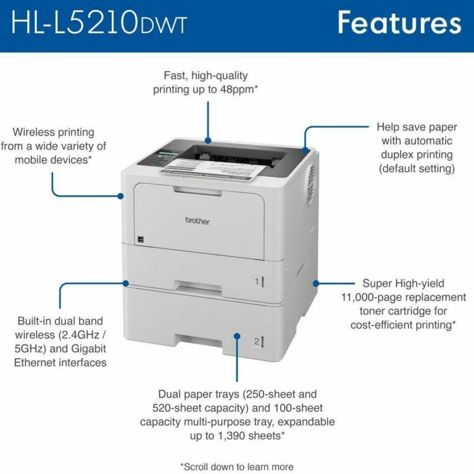 Brother HL-L5210DW Desktop Wireless Laser Printer - Monochrome