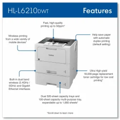 Brother HL-L6210DWT Wireless Business Monochrome Laser Printer with Dual Paper Trays