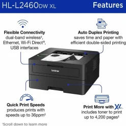 Brother HL-L2460DWXL Desktop Wired Laser Printer - Monochrome