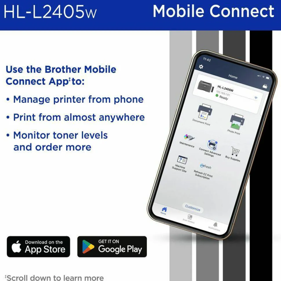Brother HL-L2405W Wireless Compact Monochrome Laser Printer, Mobile Printing, Refresh EZ Print Eligibility
