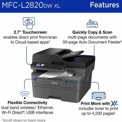 Brother MFC-L2820DW XL Wireless Compact Monochrome All-in-One Laser Printer with up to 4,200 pages of toner included
